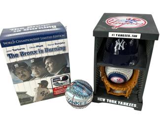 New York Yankees Memorabilia Locker with Glove Ball Batting Helmet Stadium Ball & Sealed The Bronx is Burning DVDs Hat Sealed