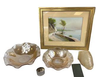 Beautiful Painting on Board European Oceanside Pressed Golden Orange Carnival Glass Bowls Antique Glass Wall Sconce Shade +