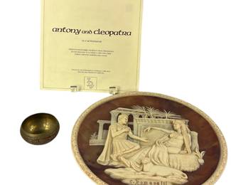 Carl Romanelli Antony & Cleopatra Incolay Stone Wall Decor Original Box + Ornate Brass Bowl Hollywood