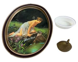 Vintage White Rock Topless Fairy Metal Tray Brass Bell Fairy Core