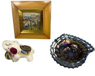 Tiny Hand Painted Impasto Framed + Ceramic Elephant & Folded Carnival Glass Bowl