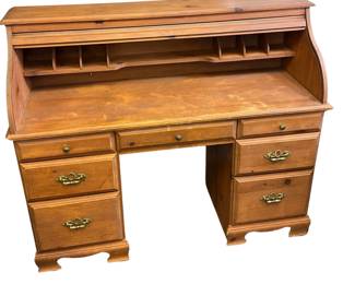 Vintage Pine Roll Top Desk Solid Wood 7 Drawer Mail Sorter Organizer