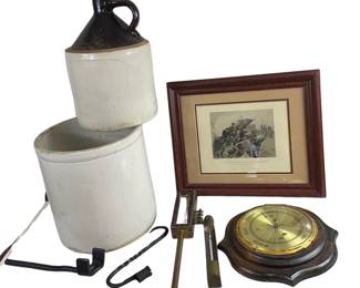 Print of Battle of Churubusco + Crocks Jug Antique Thermometers & Verichron Barometer Weather Statio