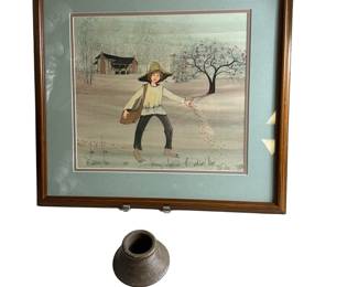 P. Buckley Moss Johnny Appleseed Print 174/1000 March 1994 Signed "For Jim" + Pottery Piece