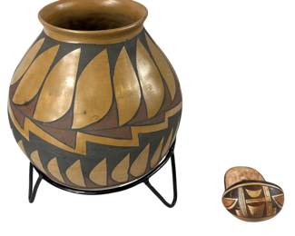 Mexican Pottery Bowl Vase Urn on Metal Base + Nampeyo Wall Cup
