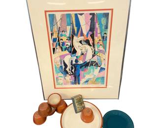 Original Art Lithograph of Circus White Horses Ringmaster + Fiesta Plate Ceramic Guernsey Cookware