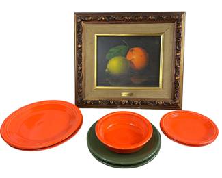 Dark Avocado Green & Orange Fiestaware Plates Bowl & Lime Orange Faux Painting on Canvas Framed Mid-Century Modern MCM
