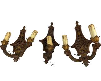 Matching 3 Piece Wall Lamps Sconces Early 1900s PlyChrome Cast Metal Ratner Sockets Ornate Art Nouveau