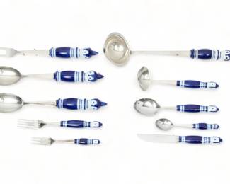 Bjorn Wiinblad for Rosenthal (German) 'Grill-Blue' Studio-line Porcelain Handled Flatware, 108 pcs