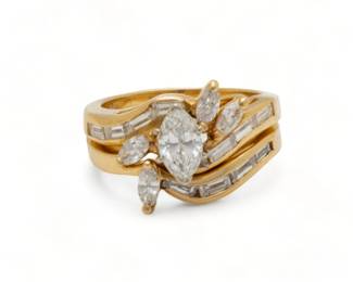 .75 Ct Marquis Cut Diamond & 14K Gold Ring Set, 7.5g 2 pcs Size: 5.75