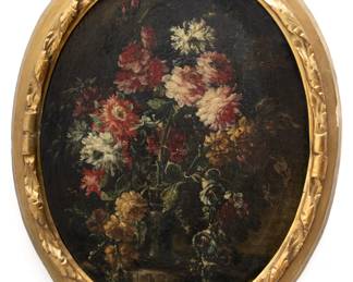 Verbrugghem Flemish School Oval Oil on Canvas, Ca. 18th C., "Floral Still Life", H 26.5" W 21"