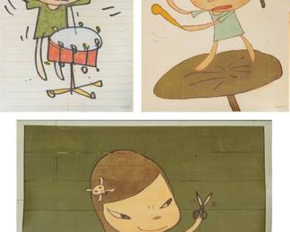 Yoshitomo Nara (Japanese, B. 1959) Offset Lithographs, 2020, "Banging the Drum; Marching on a Butterbur Leaf; Real One", H 27" W 17"