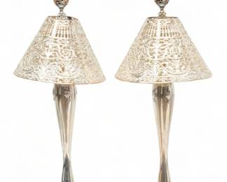 Shreve & Co. Sterling Silver Candlesticks H 14.5" + 2 Reticulated Silver Shades 4.5" X 7"