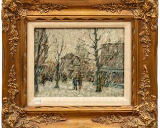 Guy Carlton Wiggins, NA. (Amer., 1883-62) Oil on Masonite, "Snow Storm", H 8.5" W 10.7"