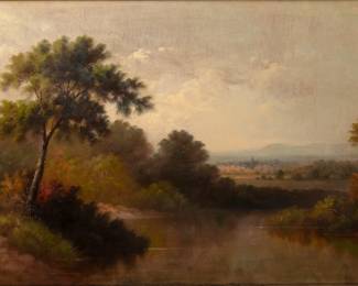Homer Dodge Martin (American, 1836-1897) Oil on Panel, Hudson Valley Landscape, 1884, H 22" W 36"
