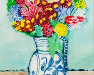 Maite Delteil (French, B. 1933) Oil on Canvas, "Floral Still Life", H 21.75" W 18"