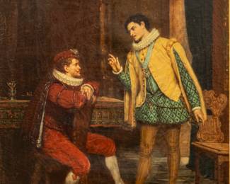 Paul Joseph Leyendecker (French, 1842-1891) Oil on Canvas, 1872, "Scene from the Merchant of Venice", H 18.25" W 15"