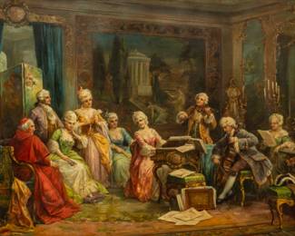 Heinz Pinggera (Italian, B. 1900) Oil on Canvas, Ca. Mid 20th C., "Music Recital", H 29" W 39"