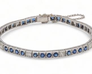 14K White Gold Bracelet, Sapphires And Diamonds Ca. 1930, L 7.5" 17g