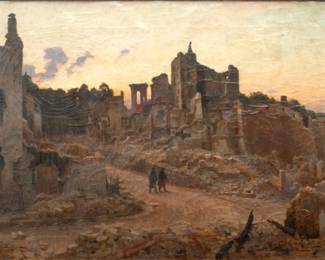 Alfred Renaudin (French, 1866-1944) Oil on Canvas, 1915, "Gerbéviller After the Battle of Grand-Couronné", H 20.5" W 28"