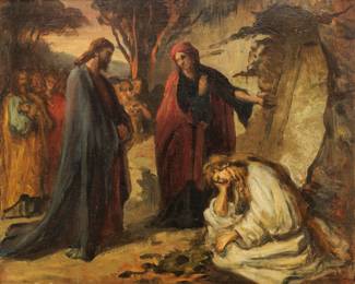 Ludwig Thiersch (German, 1825-1909) Oil on Canvas Mounted to Board, Ca. 1881, "Jesus at the Tomb of Lazarus", H 14.75" W 17.5"