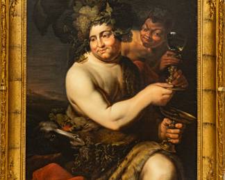 European Oil on Canvas Ca. 1840-1880, "Bacchus Attended by Satyr And Goat", H 31" W 25"