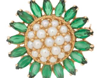Emerald And Pearl 14K Gold Flower Form Brooch Ca. 1930, Dia. 1.2" 9.9g