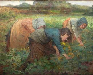 George Robert Rushton (British, 1869-1947) Oil on Canvas, Ca. 19th C., "Three Women Harvesting Vegetables", H 28.25" W 38"
