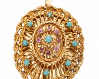 14k Gold, Turquoise Beads & Rubies Oval Pendant, Ca. 1940, H 1.75" W 1.5" 17g