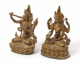 Pair of Tibetan Bronze Chenrezig (Guanyin) & Manjushri (Wénshū) Statues Ca. 1910-1920, H 9" W 5.5" Depth 3.5" 1 Pair