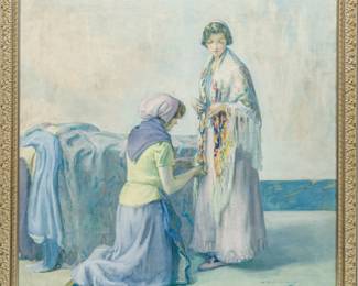 Myron Barlow (American, 1873-1937) Oil on Canvas "French Interior with Two Women", H 38" W 38"