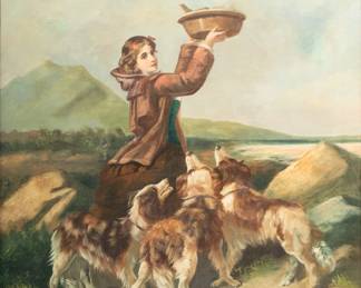 Harold Archer Oil on Canvas, "Young Woman Feeding Dogs", H 30" W 25"