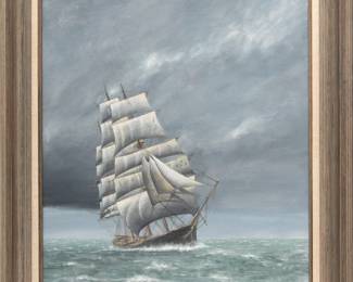 Jim Clary (American, 1939-2018) Oil on Canvasboard, Ca. 1984, "The 13th Crossing", H 28" W 22"