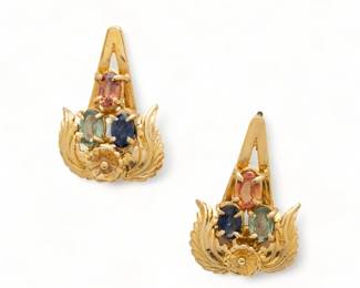 Multicolored Sapphire & 14k Yellow Gold Earrings, H 1" W 0.75" 8g 1 Pair