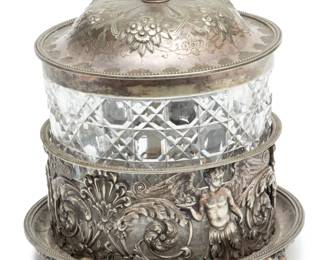 Collis & Co. (London, England) Silver Plate & Cut Crystal Biscuit Jar, Ca. 1900, H 8" Dia. 6.75"