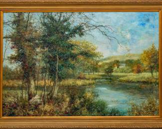 Van Kamp 20th Century Oil on Canvas, "Wooded Landscape", H 48" W 73"