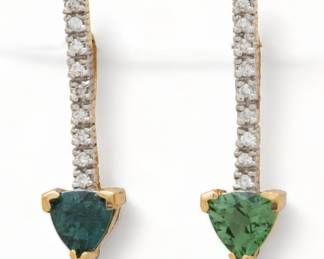 Pair of Diamond, Cut Tourmaline & 14k Yellow Gold Pendants, L 1" 2.5g