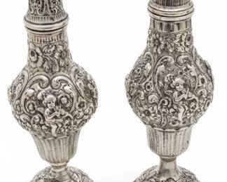 Sterling Salt And Pepper Shakers Rococo Cherubs Playing Strings Ca. 1920, H 7.9" 10.6t oz 1 Pair