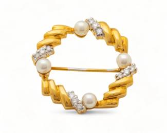 18Kt Yellow Gold, Pearl And Diamond Circle Pin Dia. 1" 8g