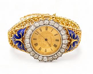 Perret Geneve (Swiss) Diamond, Enamel, 14 Kt Yellow Gold Lady's Revolving Watch, L 7" Dia. 1.5"