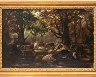 Auguste Bonheur (French, 1824-1884) Oil on Canvas, Ca. 1858, "Cattle Resting in the Shade of a Forest", H 21" W 32"