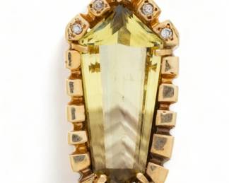 Tourmaline, Diamond & 14k Yellow Gold Pendant, Chevron Design, W 0.75" L 1.5" 14g