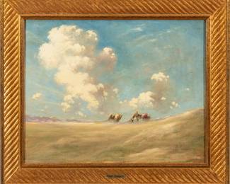 In the Manner of Eugene Samuel Auguste Fromentin (French, 1820-1876) Oil on Canvas, Ca. 19th C., "Desert Caravan", H 19" W 24.5"