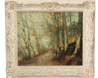 Alfred Theodore Joseph Bastien (Belgian, 1873-1955) Oil on Panel, "Sonian Forest Road", H 19.75" W 23.5"
