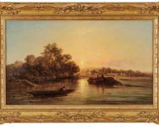 George Augustus Williams (English, 1814-1901) Oil on Canvas "A Summer Evening", H 14" W 24"