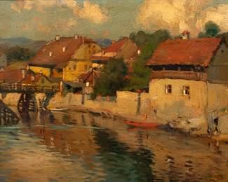 Anton Faistaur (Austrian, 1887-1930) Oil on Canvas Mounted to Board, Ca. 1924, "Riverside Austrian Village", H 18" W 24"