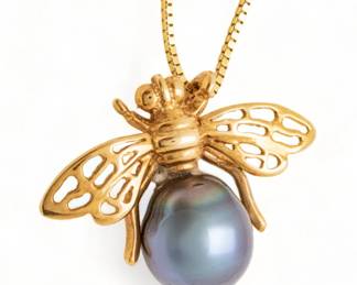 Tahiti Black Pearl Oval Pendent 9 Mm.16" Yellow Gold Chain Dia. 10mm 4g