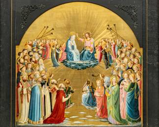 Emilia J. Ginanneschi (Italian, 19th C.) Oil And Gold Leaf on Cradled Panel, After Fra Angelico "Coronation of the Virgin", H 23.75" W 23.5"