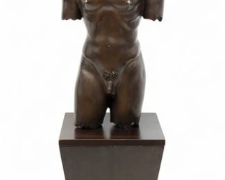 Unsigned Bronze Male Nude Torso, Custom Stand, Ca. 21st C., H 32" W 14" 2 pcs