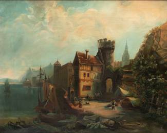 European Oil on Canvas, Ca. 19th C., "Seaside Town Scene", H 21" W 27"